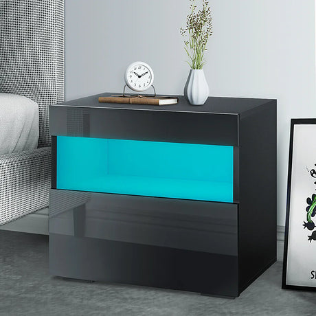 Modern Luxury LED Light Nightstand w/2 Drawers Organizer Storage Cabinet Bedside Table Bedroom Furniture for Night 20 Colors