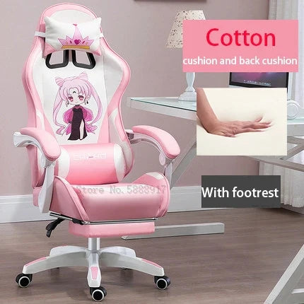 WCG Cute Girl Pink Computer Chair Home Office Furniture Sofa Chair Cartoon Anime Bedroom Lift Rotary Reclining Game Chair