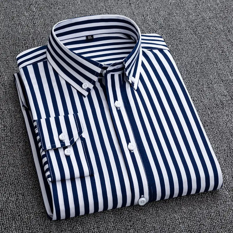 Mens Dress Shirts Striped Long Sleeve Spring Autumn Smart Casual Business Non-Ironing Slim Fit Formal Men's Shirt Blue White