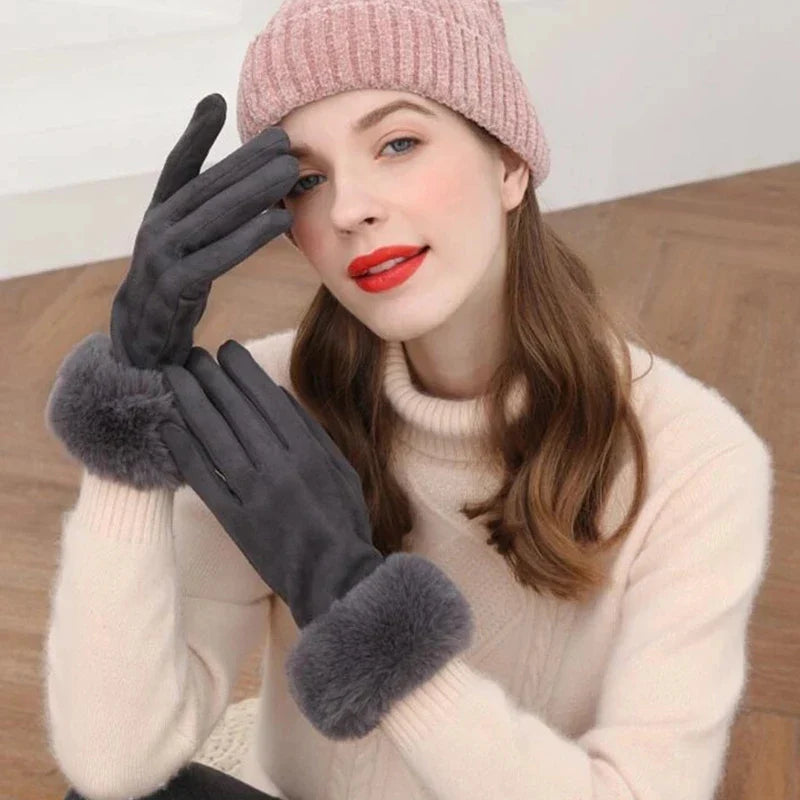 Women Faux Rabit Fur Wrist Suede Leather Touch Screen Driving Glove Winter Warm Plush Thick Full Finger Cycling Black Mitten H92