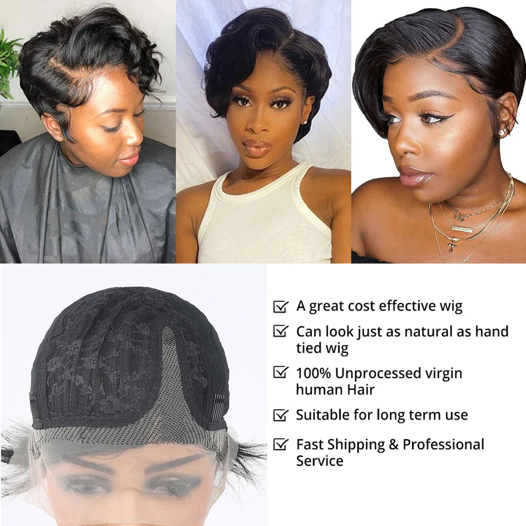 Wiggogo Pixie Cut Wig Human Hair Short Bob Wigs Side Part Straight Lace Front Wigs Glueless Hd Transparent Lace Frontal Wig