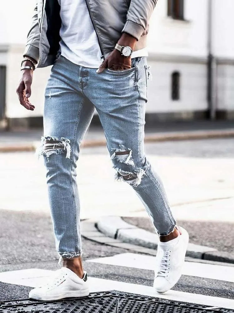 Men Jeans Streetwear Knee Ripped Skinny Hip Hop Fashion Estroyed Hole Pants Solid Color Male Stretch Casual Denim Big Trousers