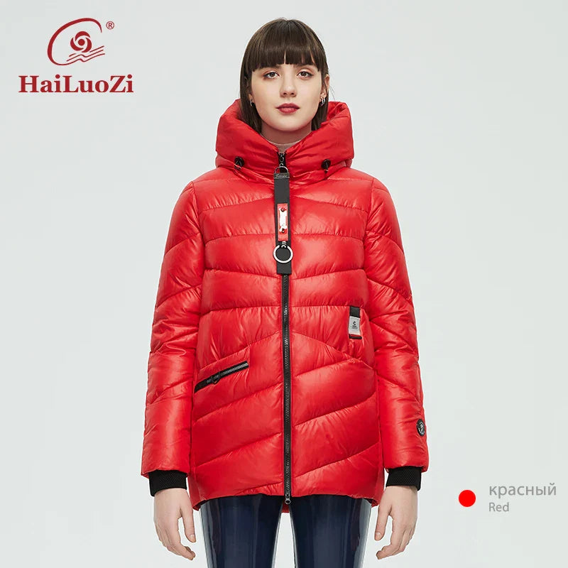 HaiLuoZi 2022 New Winter Women's Jacket Warm and Thick Short Fashion Zipper Design Hooded High Neck Female Parka Women Coat 886