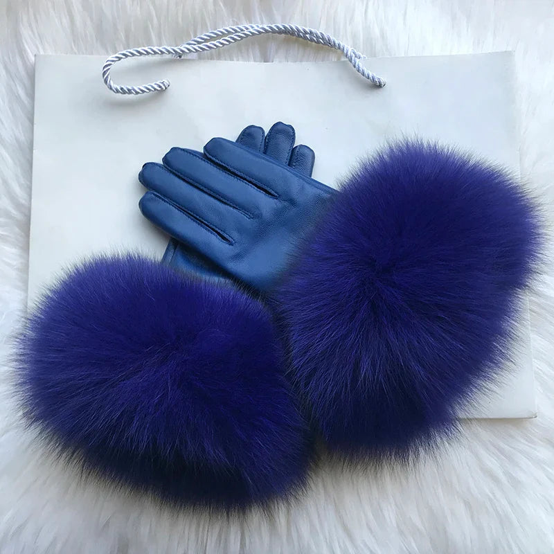 Real Sheepskin Fox Fur Gloves Women's Genuine Leather Glove Winter Warm Fashion Style Natural Fluffy Fox Fur Oversized Customize