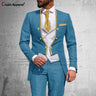 Latest Royal Blue Suit Men 3Pcs Slim Fit Wedding Best Man Groom Tuxedo Double Breasted Gold Trim Jacket Vest Pants Set Tailcoat