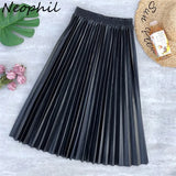 Neophil Ladies Black PU Fur Faux Leather Midi Skirt Thick Winter Pleated High Waist  Vintage Mid-calf Women Longa Saia S2010