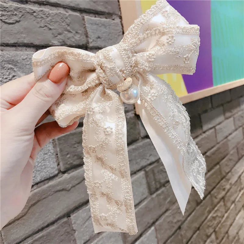 Korean Fabric Big Bow Spring Clip Lady Lace Embroidery Hair Clip Hairgrip Holiday Gifts Women Hair Pins Wedding Hair Accessories