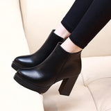 Fashion Casual Zipper Pointed Toe Soft Leather Women Shoes Square High Heel Ankle Boots Black Motorcycle Boots Shoes