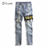 VMADE Authentics Male Washed stretch Jeans for men pants clothing Destroy Inwrought logo Zipper at inseam Slim fit Classic jean