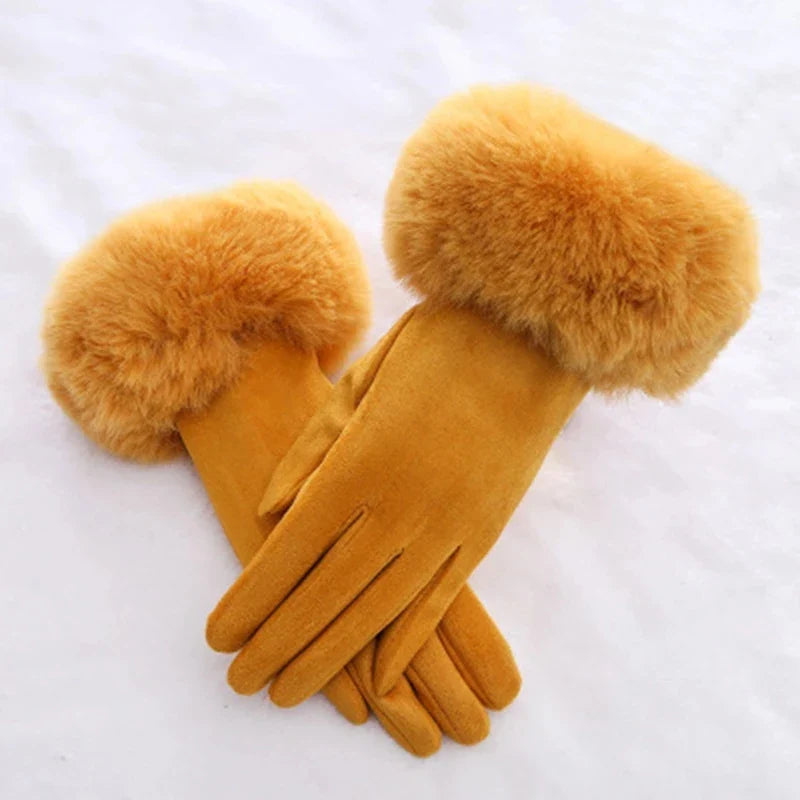 Female Faux Rabit Fur Suede Leather Touch Screen Driving Glove Winter Warm Plush Thick Embroidery Full Finger Cycling Mitten H92