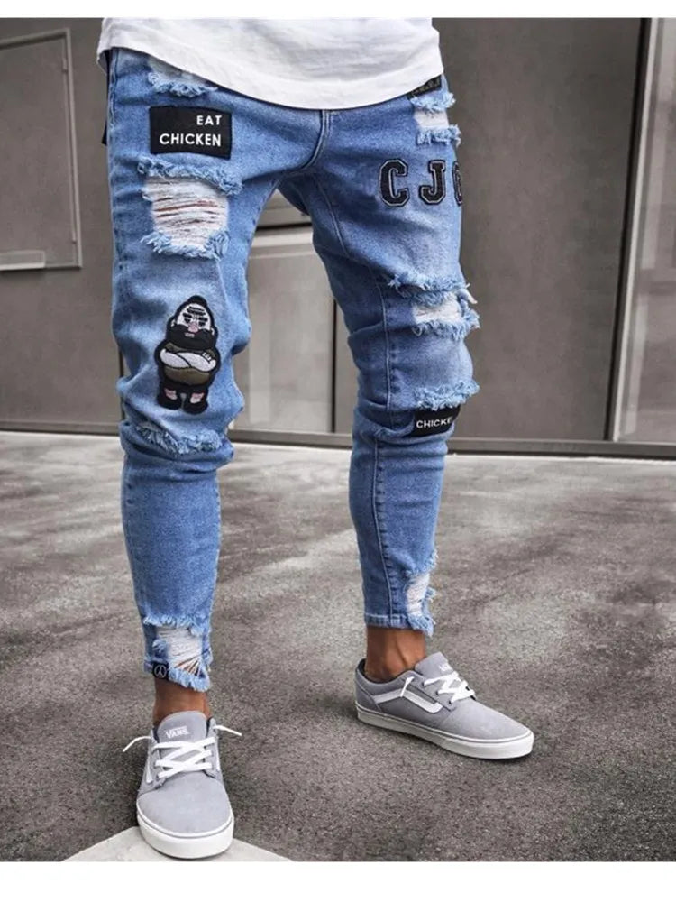 Men's Ripped Pencil Pants Men Skinny Denim Biker Side Striped Jeans Men's Fashion Foot Mouth Zipper Hip-Hop Slim Denim Trousers