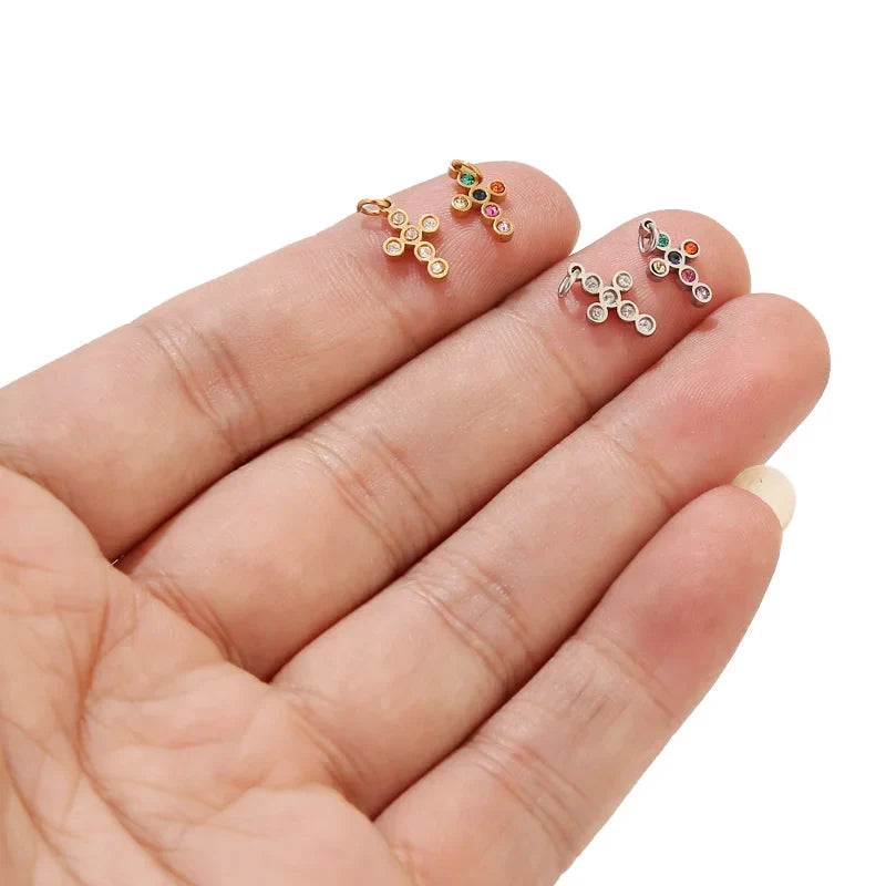 5pcs Stainless Steel Mini Cross Charms Cubic Zirconia Inlayed Tiny Cross for Earring Bracelet Making