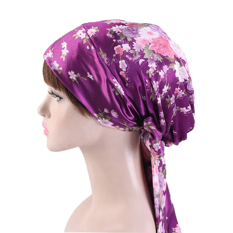 New Women Silk Satin Night Sleeping Cap Head Wrap Bowknot Turban Pre Tied Fitted Bandana Chemo Cap Nightcap Hair Loss Patients