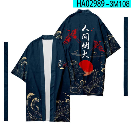 Men's Japanese Long Kimono Cardigan Men's Samurai Costume Kimono Fireworks Pattern Kimono Shirt Yukata Outer Cover