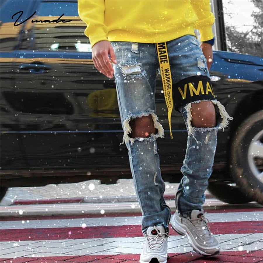 VMADE Authentics Male Washed stretch Jeans for men pants clothing Destroy Inwrought logo Zipper at inseam Slim fit Classic jean