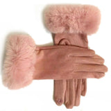 Women Faux Rabit Fur Wrist Suede Leather Touch Screen Driving Glove Winter Warm Plush Thick Full Finger Cycling Black Mitten H92