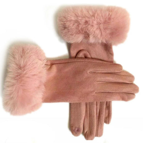 Women Faux Rabit Fur Wrist Suede Leather Touch Screen Driving Glove Winter Warm Plush Thick Full Finger Cycling Black Mitten H92