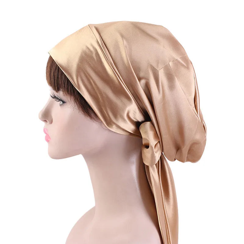 New Women Silk Satin Night Sleeping Cap Head Wrap Bowknot Turban Pre Tied Fitted Bandana Chemo Cap Nightcap Hair Loss Patients