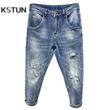 Ripped Jeans Men Light Blue Stretch Harem Pants Men's Cropped Trousers Ankle-Length Distressed Frayed Hip Hop Jeans Men Clothes