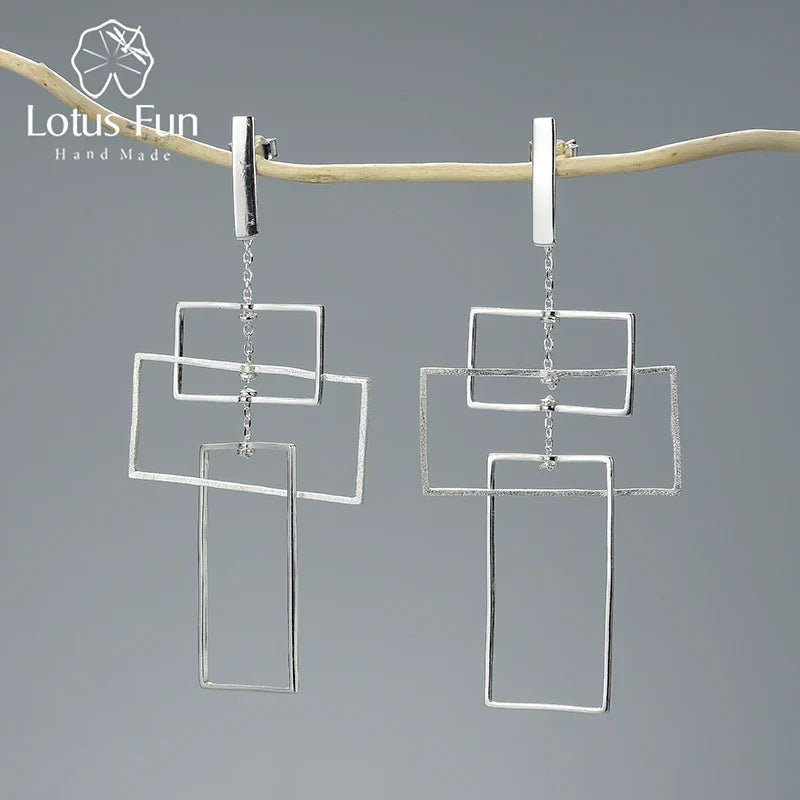 Lotus Fun Real 925 Sterling Silver Fine Jewelry Fashion Elements 18K Gold Geometic Rectangular Design Dangle Earrings for Women