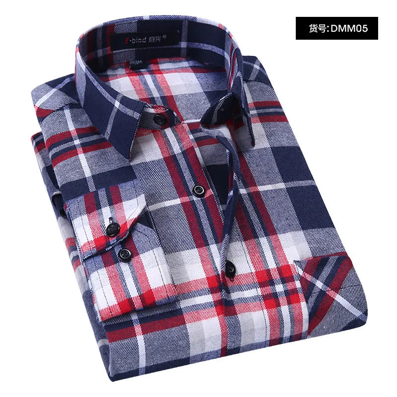 Quality Flannel Plaid Men Shirt Cotton Spring Autumn Casual Long Sleeve Dress Shirts Soft Comfort Slim Fit Button Down Clothes