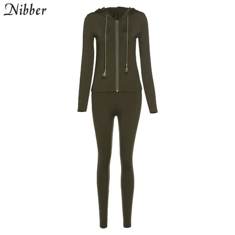 Nibber Sporty Casual Long Sleeve Hooded Zipper Solid two pieces set women Autumn Workout Skinny Top And Pants Matching Set mujer