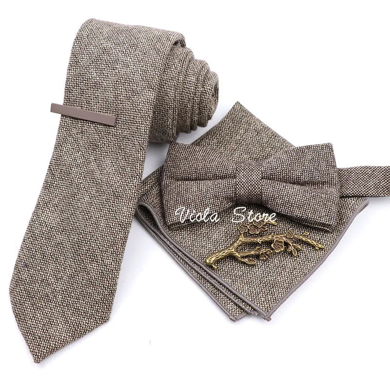 Top 50% Wool Soft 7cm Tie Bowtie Hankie Clip Brooch Sets Dusty Green Solid Classy Men Wedding Suit Daily Cravat Accessory Gift