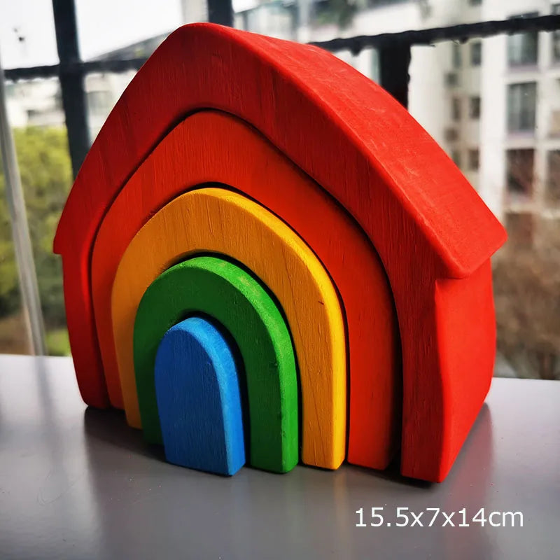 Montessori Wooden Toys Elemental Rainbow Stacking Blocks /Unpaint Wood Tree Building Stacking Car Volcano Coral Sea Wave