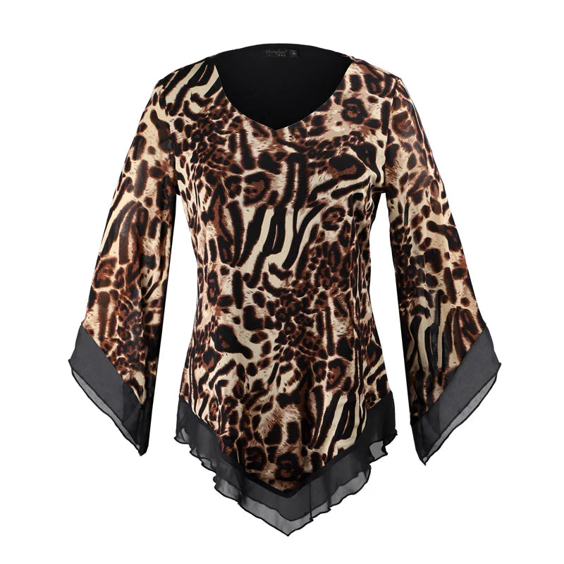 YTL Leopard Printed Mesh Irregular T Shirt Plus Size Women's Blouse Classical Elegant Stylish Tops H434