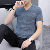 Plain T Shirt Men Summer Top Vintage Streetwear Knitted Black T Shirt V neck Short sleeve Tee Casual Plus size