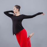 Womens Round Neck Finger Sleeve Modern Dance Wear Modal Yoga Practice Dress Side Lacing Classical Dance Top Blouse Plus Size 4XL