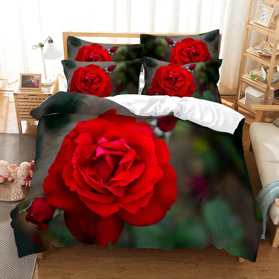 Red Rose Bedding Set Quilt Duvet Cover Comforter Pillow Case 3D HD Double Full King Queen Twin Single 3PCS 2PCS Bedroom Flower