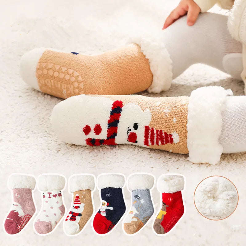 Newborn Baby Winter Cartoon Christmas Socks Thicken Cotton Warm Floor Kids Sock Non-Slip Children Thermal Socks For 0-4 Years