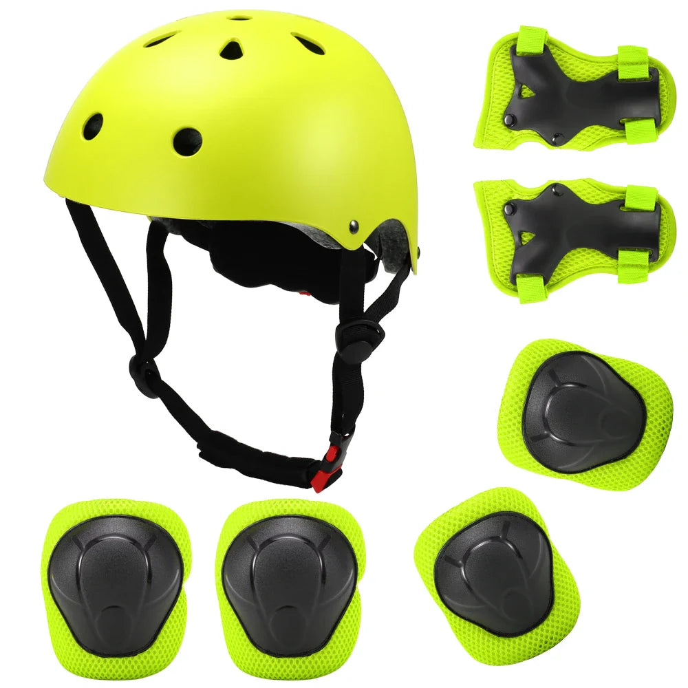 7Pcs Adjustable Pads Wrist Helmet Protector Set Kids Boy Girl Safety Helmet Knee Elbow Pad Set Skate Bicycle Helmet Safety Guard