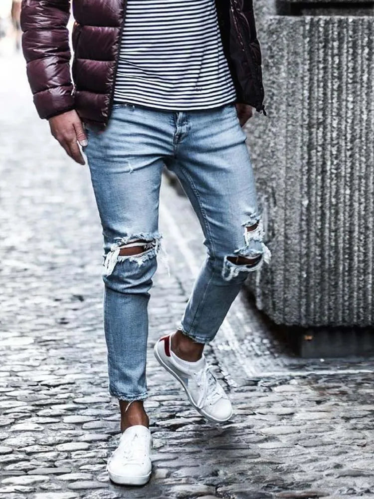 Men Jeans Streetwear Knee Ripped Skinny Hip Hop Fashion Estroyed Hole Pants Solid Color Male Stretch Casual Denim Big Trousers