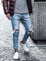 Men Jeans Streetwear Knee Ripped Skinny Hip Hop Fashion Estroyed Hole Pants Solid Color Male Stretch Casual Denim Big Trousers