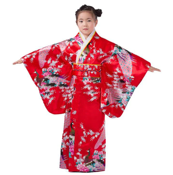 Children Kimono Traditional Japanese Style Peacock Yukata Dress for Girl Kid Cosplay Japan Haori Costume Asian Clothes