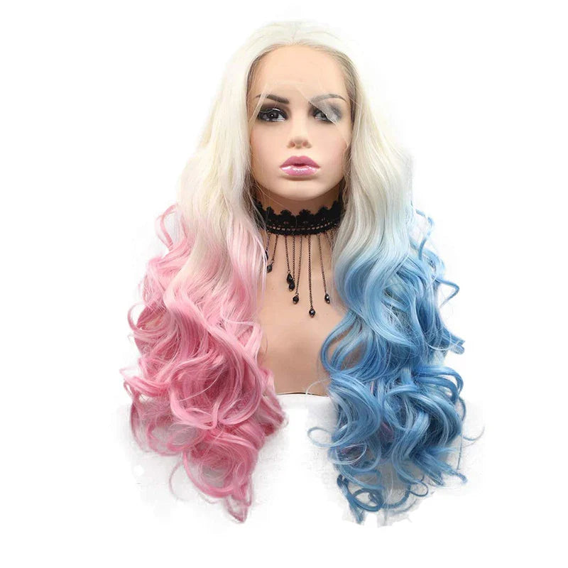 Cosplay Synthetic Lace Front Wig Platinum Blonde Ombre Half Pink Half Blue Curly Body Water Wave Frontal Wigs For Black Women