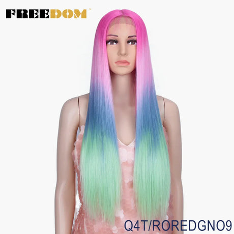 FREEDOM Synthetic Lace Front Wig 30 Inch Long Straight Wigs Soft Rainbow Colorful Blue Ginger Wigs For Black Women Cosplay Wig