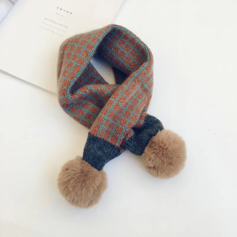 New Winter Children Plaid Knitted Scarves Korean Style Soft Pompon Patchwork Shawl Kids Warm Neckerchief