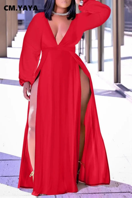 CM.YAYA Women Plus Size Dress Solid Cleavage Splited Maxi Long Dresses Female Fashion Sexy Night Club Vestidos Autumn Outfits