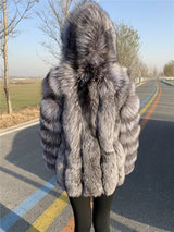 Hooded Silver Fox Fur Coat for Women, Plus Size, Long Sleeves, Winter, Luxury, Natural, Real Silver Fox Fur Jacket with Hood