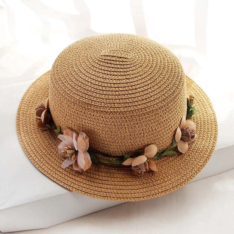 2019 Parent-child Summer New Women's Sun Hat Bucket cap beige lace Bowknot Flowers Ribbon Flat top Straw Hat Beach Caps Panama