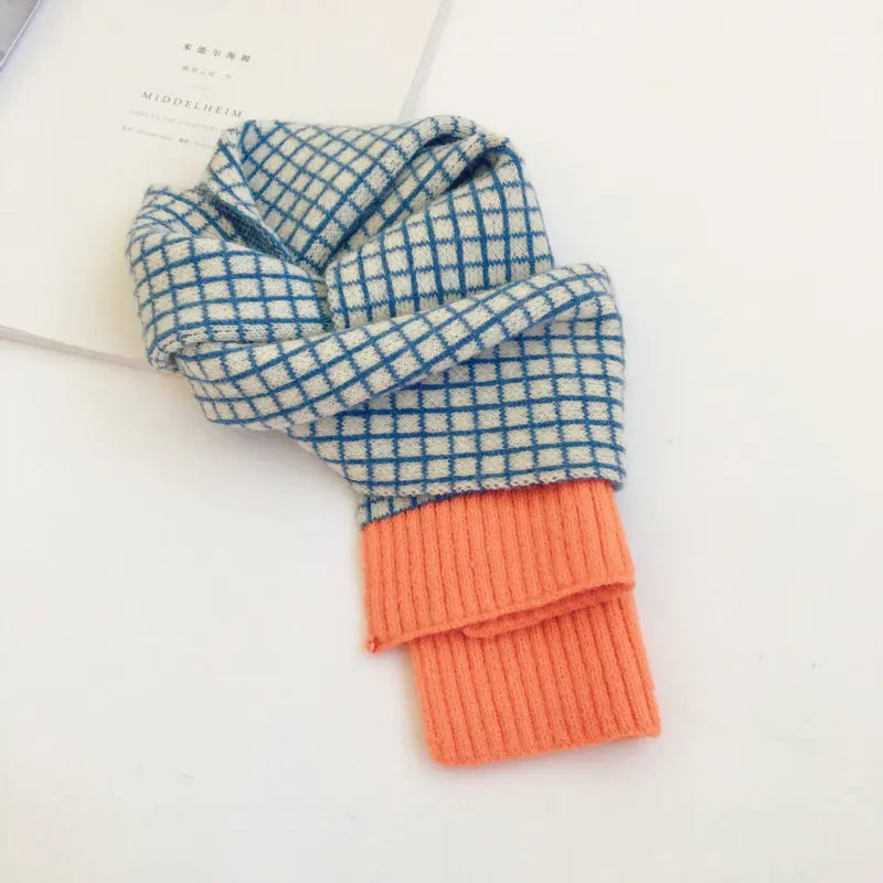 Korean Style New Winter Kid Knitted Wool Plaid Scarves Thicken Warm Children Shawl Patchwork Neckerchief