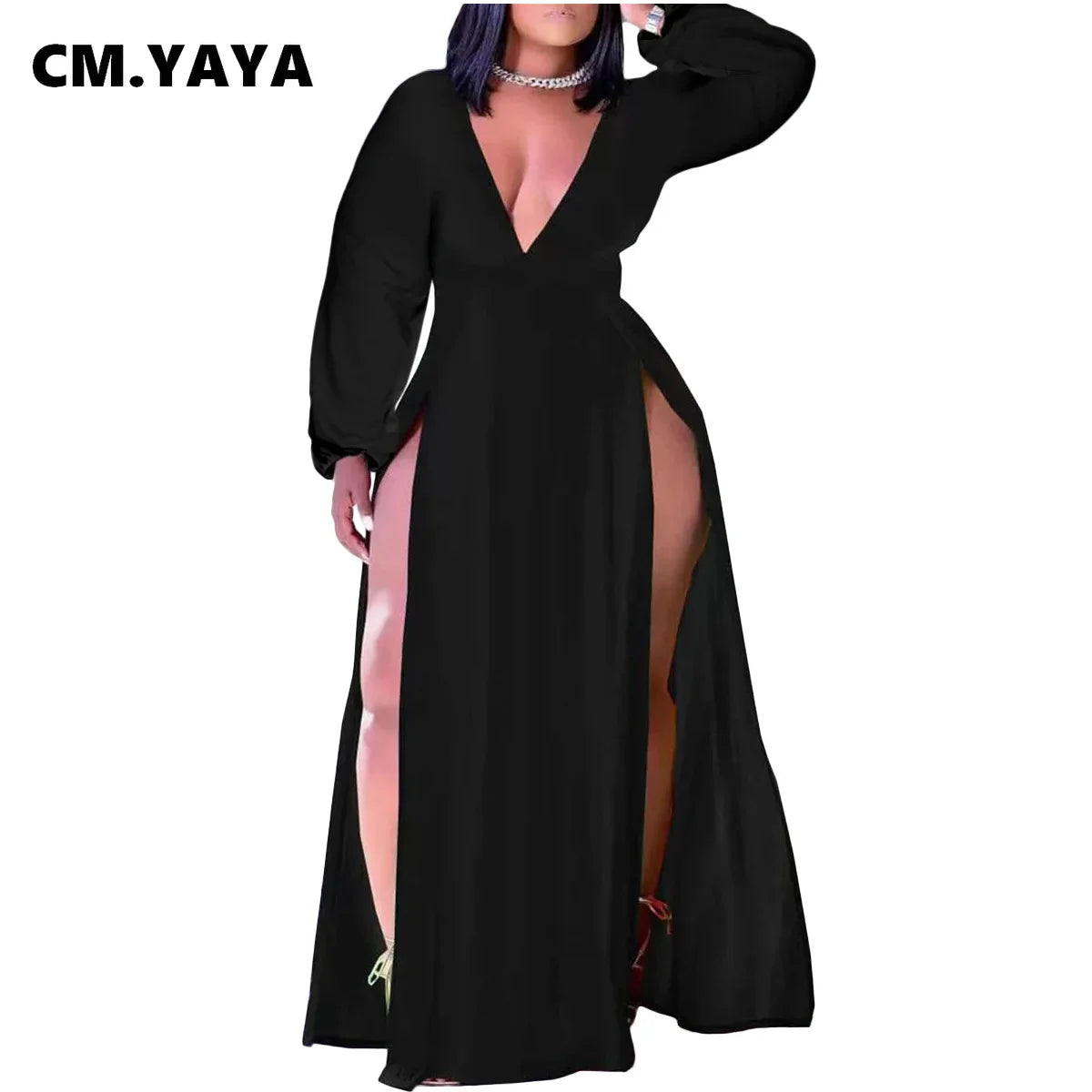 CM.YAYA Women Plus Size Dress Solid Cleavage Splited Maxi Long Dresses Female Fashion Sexy Night Club Vestidos Autumn Outfits