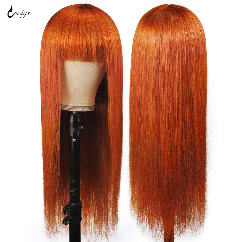 Uwigs Highlight Wig Human Hair Wigs With Bangs Bone Straight Human Hair Wig Full Machine Wigs Ginger Orange 250 Density Lace Wig