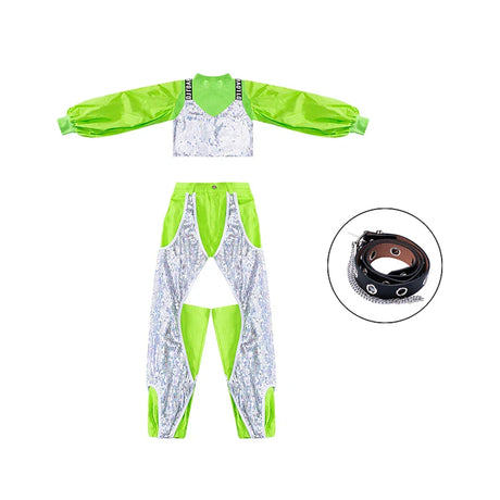 Girls Hip Hop Dancing Clothing Kid Sequins Stitching Green Jazz Costumes Performance Dancewear Street Dance Stage Clothes Outfit