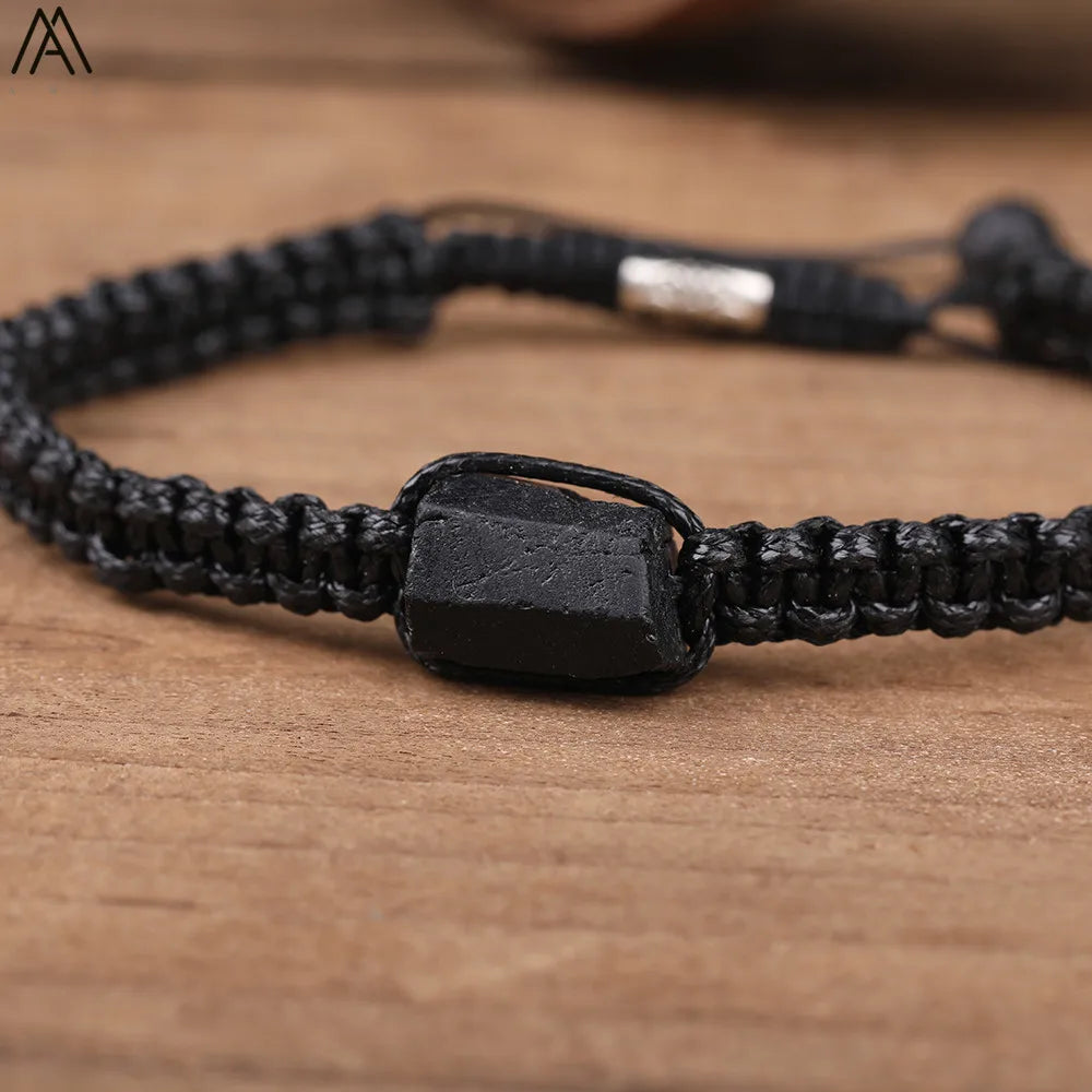 Natural Black Tourmaline Single Beads Woven Adjustable Bracelet Boho Women 6mm Black Lava Stone Beads Mala Bracelet N0383AMC