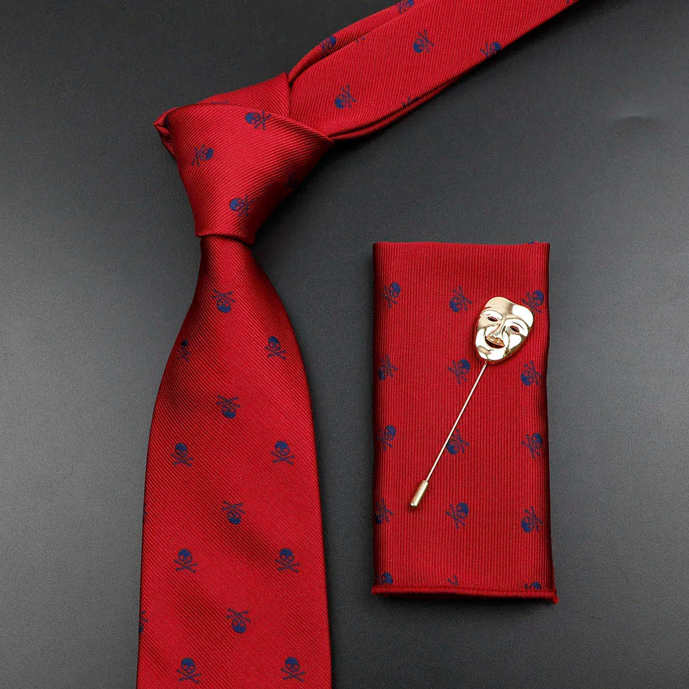 Fashion Men's Skull Tie Set New Design 8cm Polyester Suit Collar Bowtie Handkerchief Trendy Mask Brooch Luxury Wedding Accessory