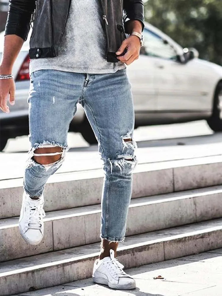 Men Jeans Streetwear Knee Ripped Skinny Hip Hop Fashion Estroyed Hole Pants Solid Color Male Stretch Casual Denim Big Trousers